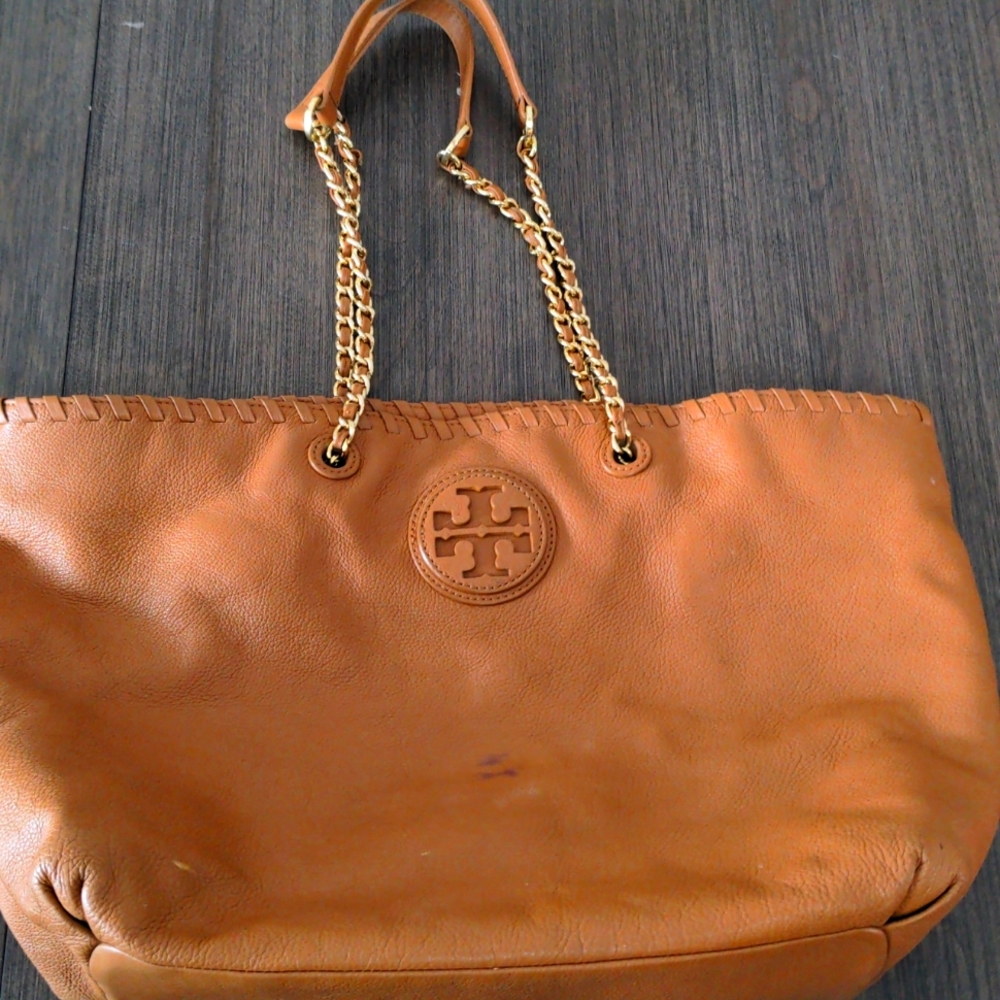 Tory Burch large brown leather tote.
